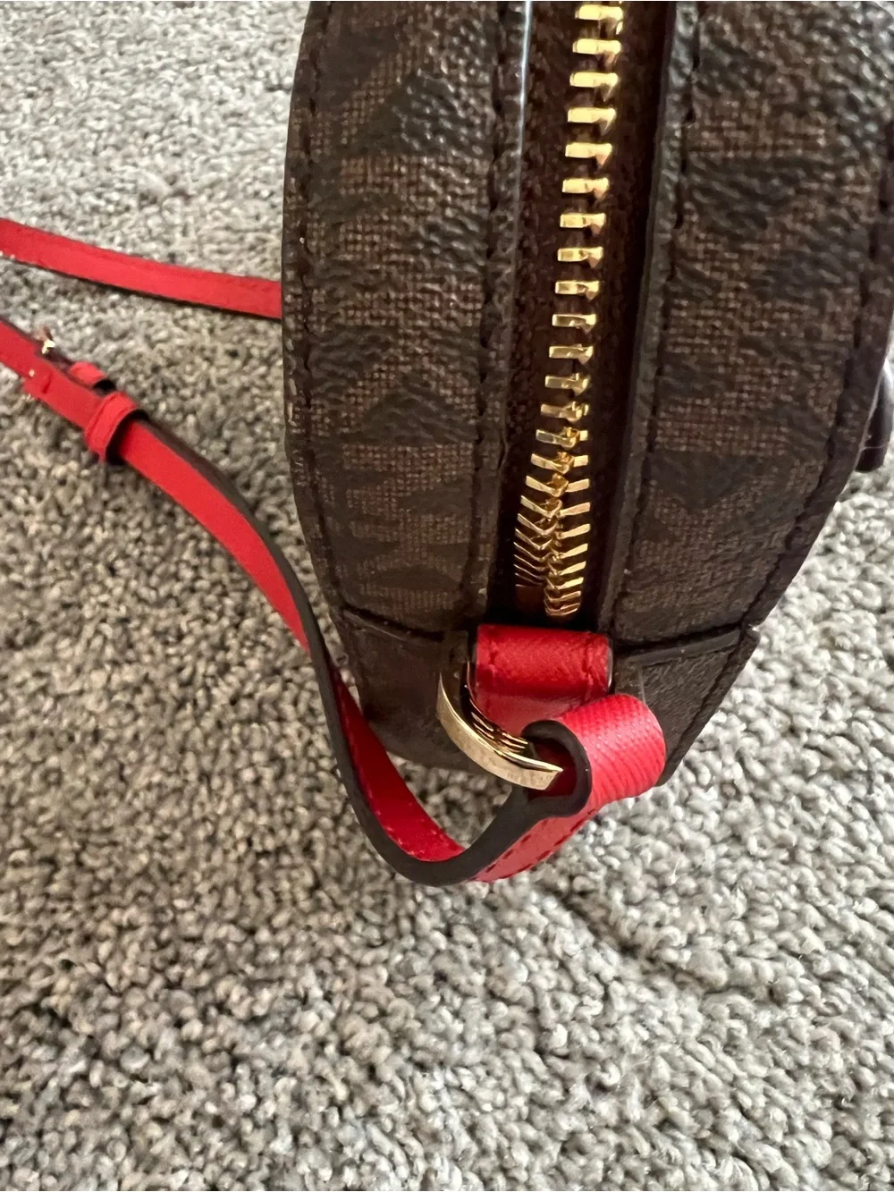 Michael Kors Brown Monogram Crossbody with Red Trim and Gold Chain